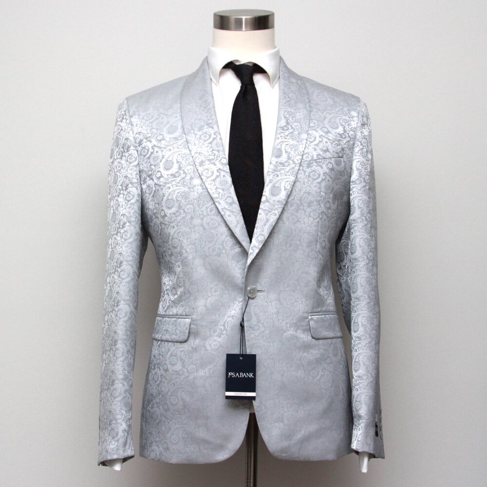 JOS A BANK Dinner Jacket 42R Blazer 1-btn Skinny Fit Silver Paisley